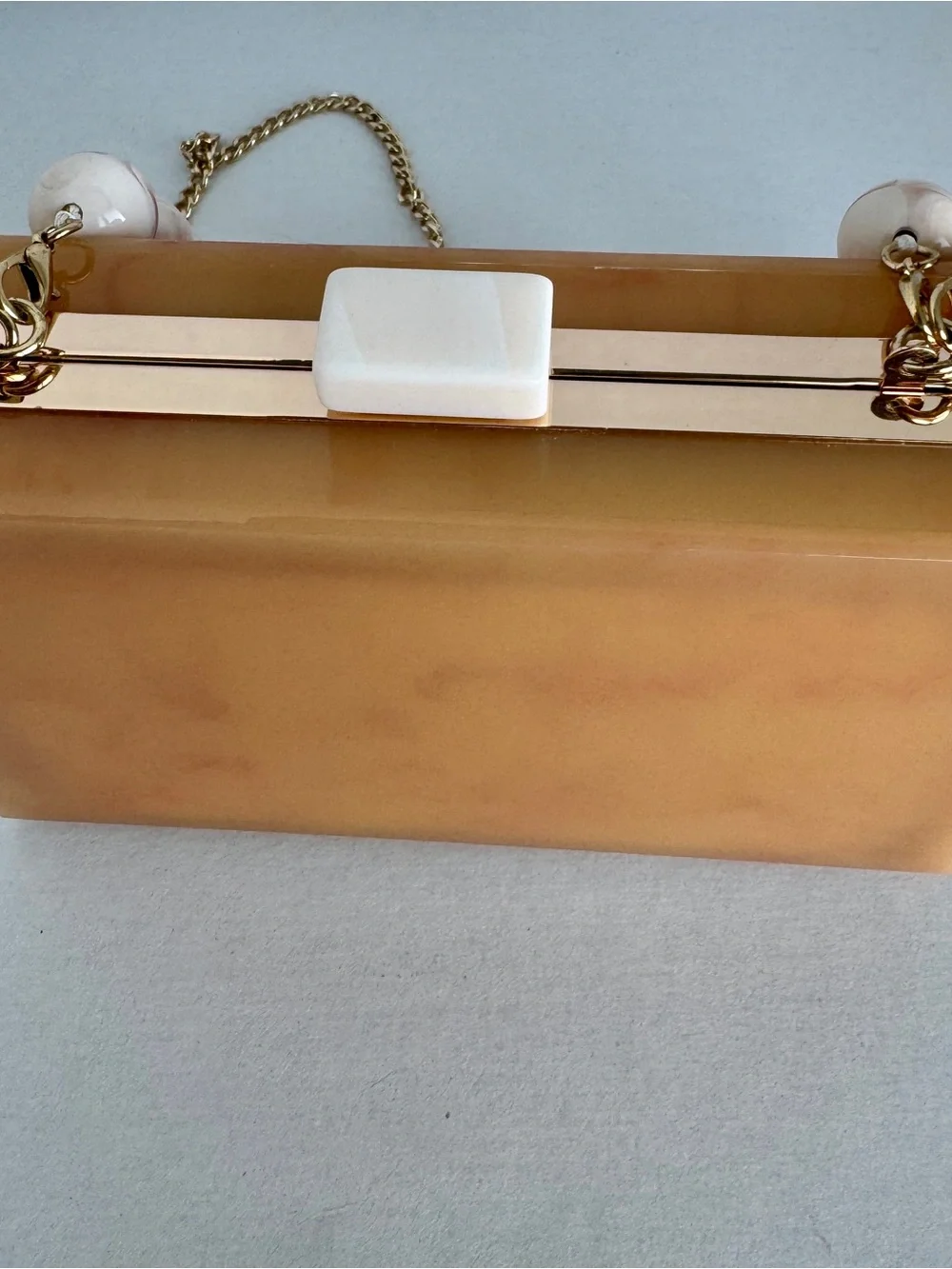 Zara Acrylic Box Clutch with Ivory Bead Strap, Caramel-Brown - Picture 5 of 8